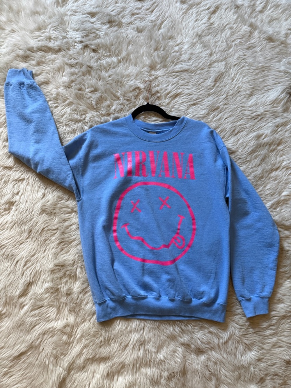NIRVANA Light Blue Crewneck with Pink Smiley Logo